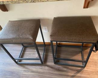 Pair of Square Stools with Brown Leather Seat/Metal Frame