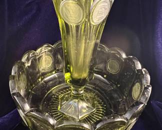 Fostoria Glass green coin spot bowl and vase