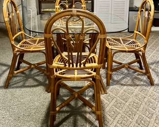 Vintage Rattan & Glass Table with 4 Chairs
