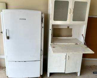Antique GE Fridge & Hoosier Style Cabinet