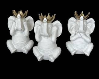 Three Resin White Elephants with Crowns