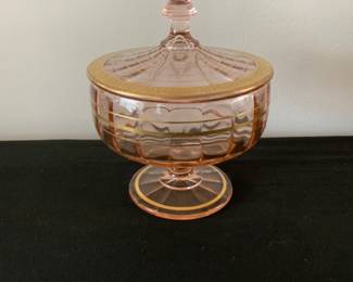 Tiffin Rambler Rose Pink Paneled Gold Encrusted Covered Candy Dish