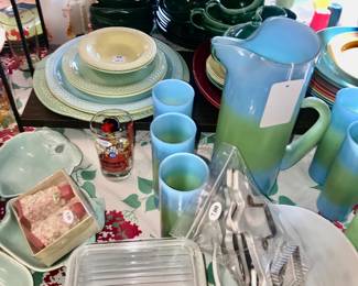 Items Located In The Kitchen ~ Vintage Blendo Glass Blue & Green Martini Pitcher With 6 Glasses