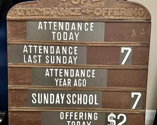 Vintage metal and wood attendance/offering board with additional letters/numbers