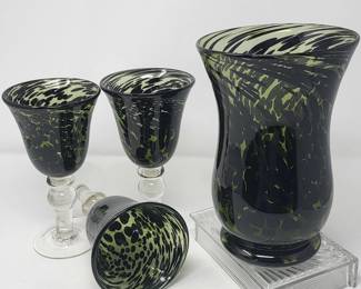 Black Swirl Art Glass Vase Wine Glasses
