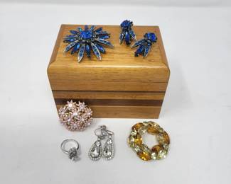 Vintage Rhinestone Jewelry Lot In Collectible Wood Box