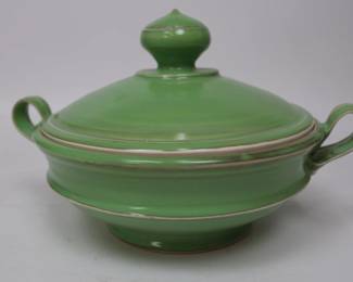 Elegant Vintage Art Deco Green Ceramic Covered Vegetable Dish