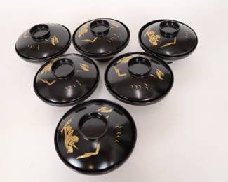 Set Of 6 Traditional Japanese Lacquerware Rice Bowls With Lids
