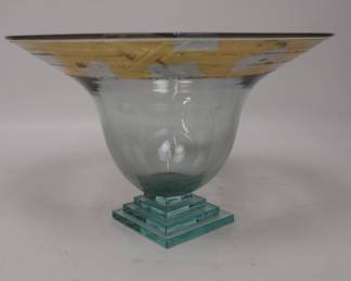 Vintage Art Deco Frosted Glass & Gold Leaf Centerpiece Bowl Fluted