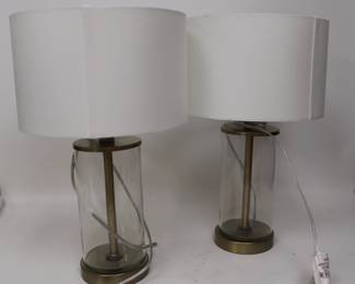 Elegant Pair Of Modern Glass Cylinder Table Lamps With Brass Accents