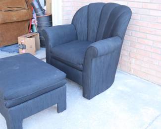 Vintage Krause's Sofa Chair & Ottoman Set, Navy Blue Corduroy, Circa 1995