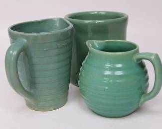 Vintage Aqua Bauer Pottery Ribbed Pitcher And Teal Blue USA Pottery Set