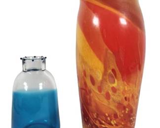 Retro Signed Art Glass Vase & Azure Blue Jar