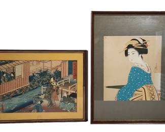 2 Vintage Japanese Wood Block Prints Framed