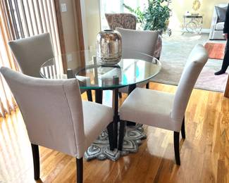 Glass top round table with wooden base and 4 dining chairs,  very nice! Like brand new!