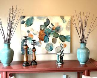 Chinese prayer/altar table, abstract wall art, pair of ceramic vases with pussywillows, pair tall gold candlestick holders 