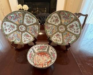 Two Chinese 19th Century Famille Verte round platters and a very nice oriental bowl
