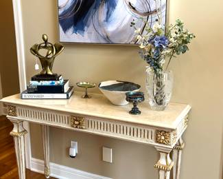 Vintage marble top console table (have two!), Italian, painted cream and gold 
