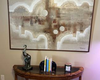 Half moon entry table with glass inserts and nice, large abstract painting on canvas