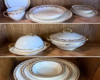 Haviland France gold leaf china set - some pieces with name "Edith Gibson" and date "May 1910" on the backs