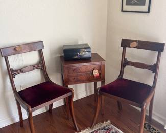Night stand and and five velvet wooden chairs