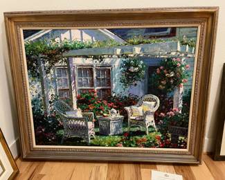 "Under the Arbor" by H. Gordon Wong, 36" x 48" image area plus frame. Large and impressive. Oil on canvas.