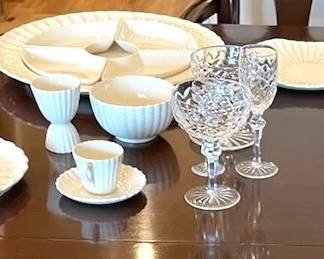 Divided relish tray, two chop plates, small bowl, demi tasse cups/saucers, 4 egg cups, "Powerscourt" stemware