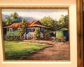 Hawaiian bungalow, "Aunt Mary's Cottage" by Sue Perry 2002, image 16" x 18" 