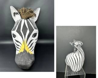 Zebra Mask and Zebra Art Glass Sculpture