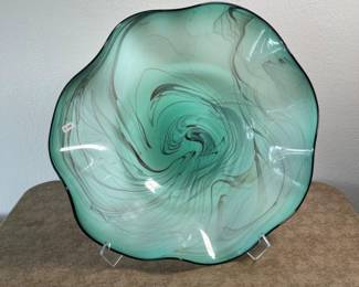 Signed Dan Bergsma Green Art Glass Bowl - 21"D