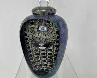 Signed Tom Philabaum Iridescent Reptile Geode Art Glass Perfume Bottle
