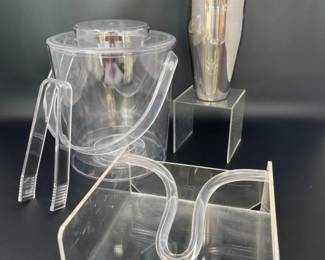 Clear Lucite Ice Bucket and Napkin Holder + Cocktail Shaker