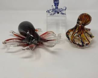 3 Blown Art Glass Octopuses - Murano? - Tisbury Art Glass