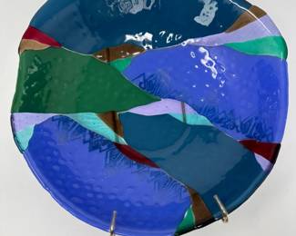 Blue Multicolor Fusion Art Glass Bowl with Hanger