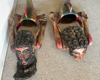 Two Mexican Folk Carved Wood Mermaid and Merman-Over 4 Feet