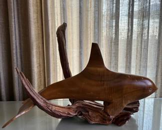 Whale Carved Wood Statue on Driftwood - 22 W x 17 T