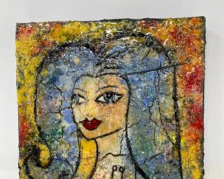 Signed Wolff Bowden Original Blue Maiden Mixed Media Art 10x10