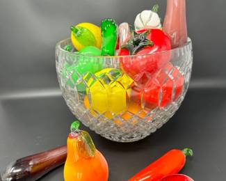 Bowl of Hand Blown Glass Fruit & Vegetables