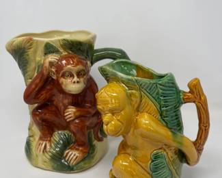 Majolica Tiki Monkey Decor Pitchers - 9" & 7.5"