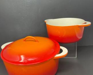 Vtg Descoware Orange Cast Enamel Dutch Ovens - 5 QT & 2.75 QT