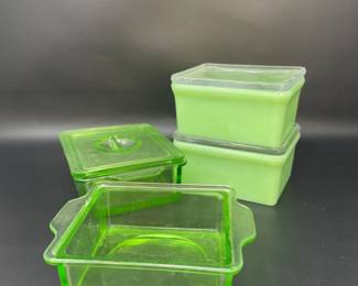 Vintage (2) Jadeite & (2) Uranium Glass Refrigerator Containers
