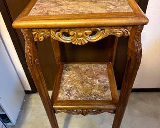 2 Tier Marble Top Side Table with Ornate Floral Details
