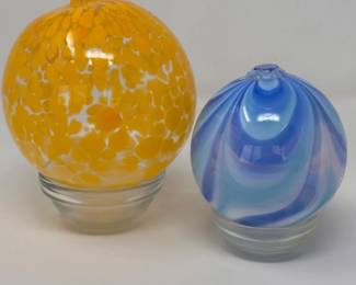 2 Blown Glass Orbs - Spotted Yellow & Blue Stripe