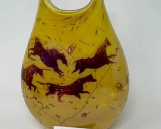 Signed Fields & Fields- Art Glass Horse "Petroglyph" Vase - 13.5"T