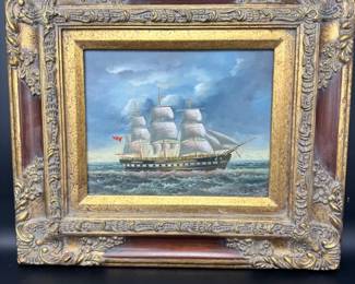 Clipper Ship Art in Ornate Frame - 17x15