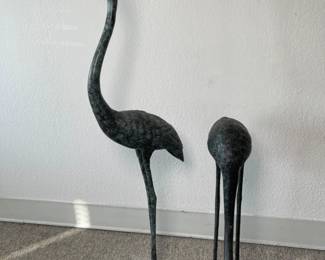 Large Metal Crane Heron Statues w/ Verdigris Patina