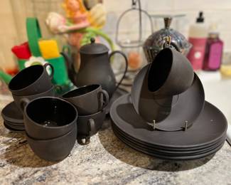 1960's Wedgwood Basalt Black cups & saucers, mini coffee pot and lunch plates. 