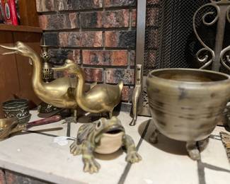 brass ducks, mccoy frog and hand turned pottery
