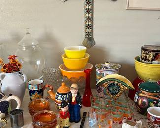 assorted glassware, pyrex bowls, and more