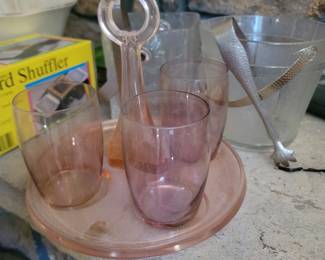 Vintage depression glass and frosted ice bucket